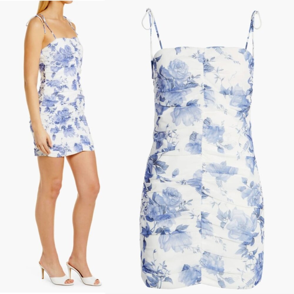Elle Zeitoune Lily Floral Print Ruched Minidress, XS